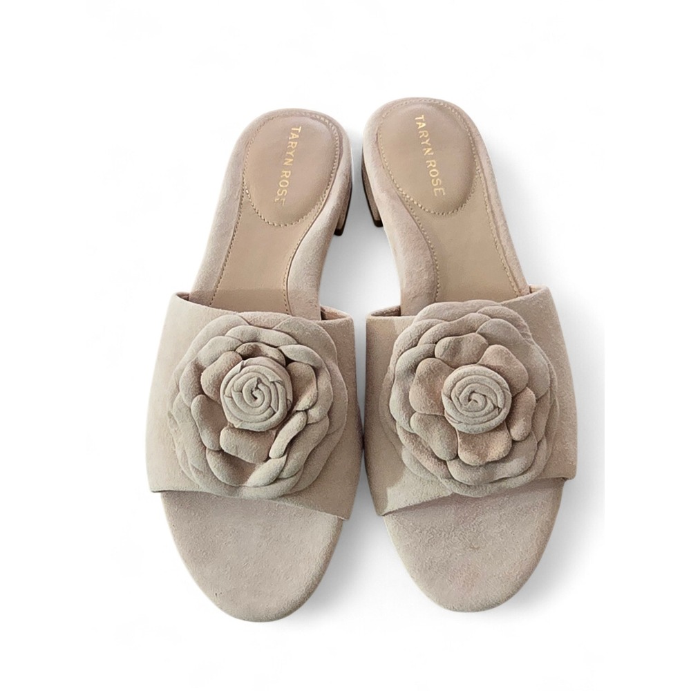 Taryn Rose Violet‎ Beige Suede Rosette Flower Slide Sandals 7.5B 37.5 34TR036